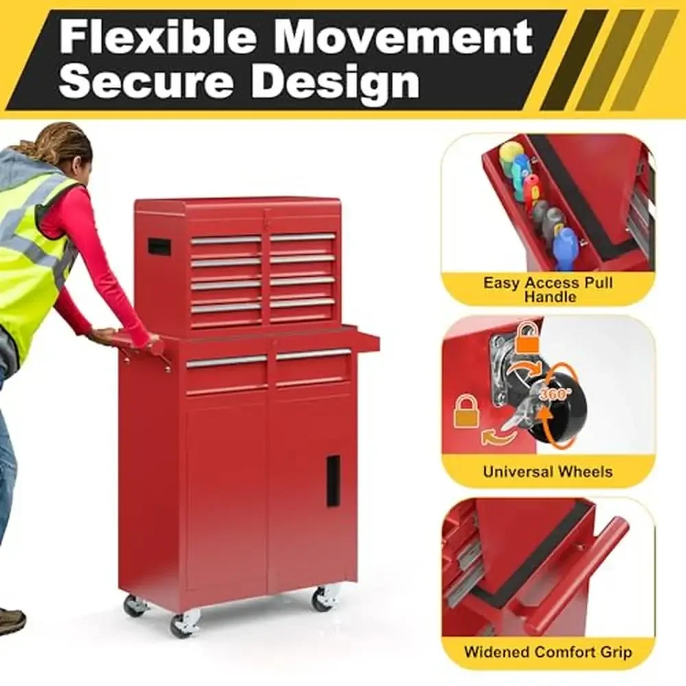 5-Drawer Rolling Tool Chest with Detachable Top Box Lockable Wheels Heavy Duty Metal Cabinet Kit Tools Portable Storage Solution 4