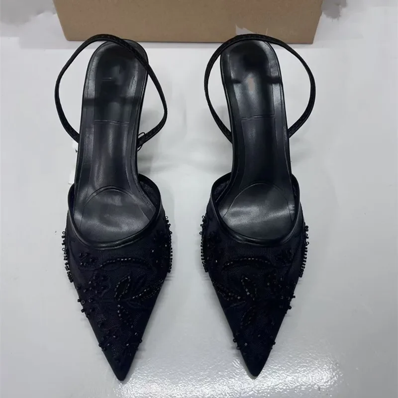 Women Embroidered Mesh Bead String Shoes Black Fashion Print Stiletto Women Slingback Pumps Sexy Pointed End Woman Sandals