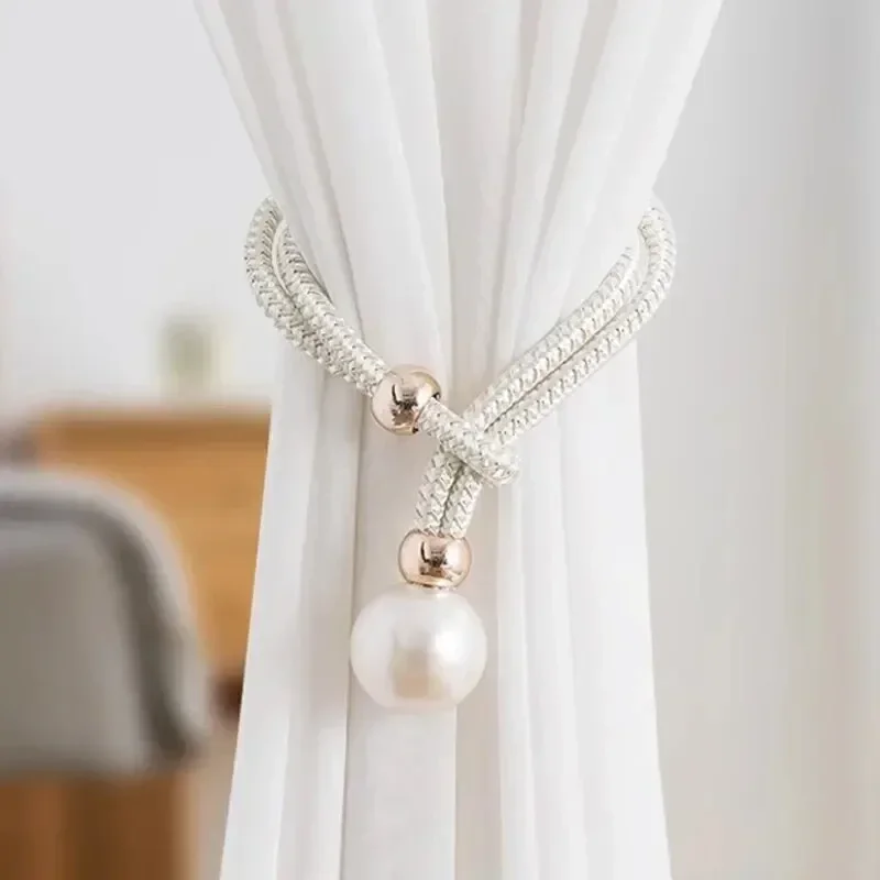 2pcs Pearl Curtain Tiebacks Decorative Fixings Rope Tiebacks No Punch Adjustable Pull-outs curtain tiebacks