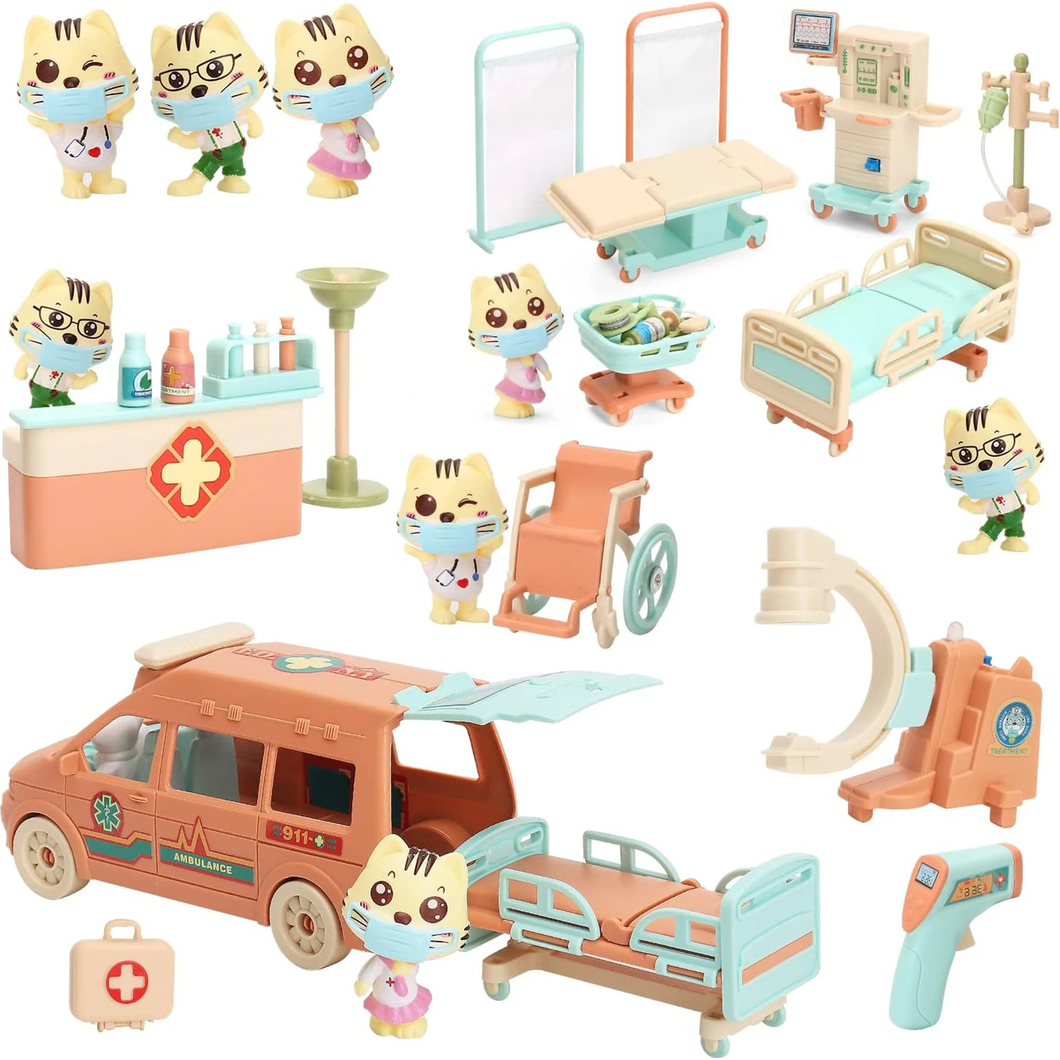 Cat Dolls Doctor Pet Pretend Play Toys Figures Playset Toy Hospital and Ambulance Toy with Lights and Sound Educational Toys doctor play set doctor toys kit doctor nurse toys