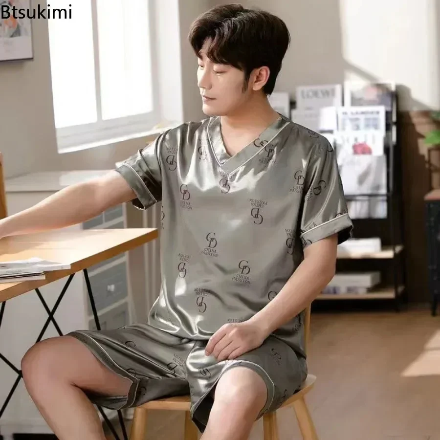 New Men's Summer Silk Pajama Sets Print Short Sleeve Pullover Tops and Shorts Homewear Suit Men Satin Casual Nightwear Sets