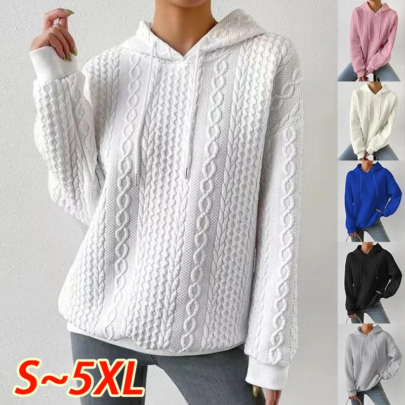 Women's Jacquard Hoodie Sports Knitwear Fashion Solid Color Loose Long sleeved Pullover Casual Sweater Fashion Clothing