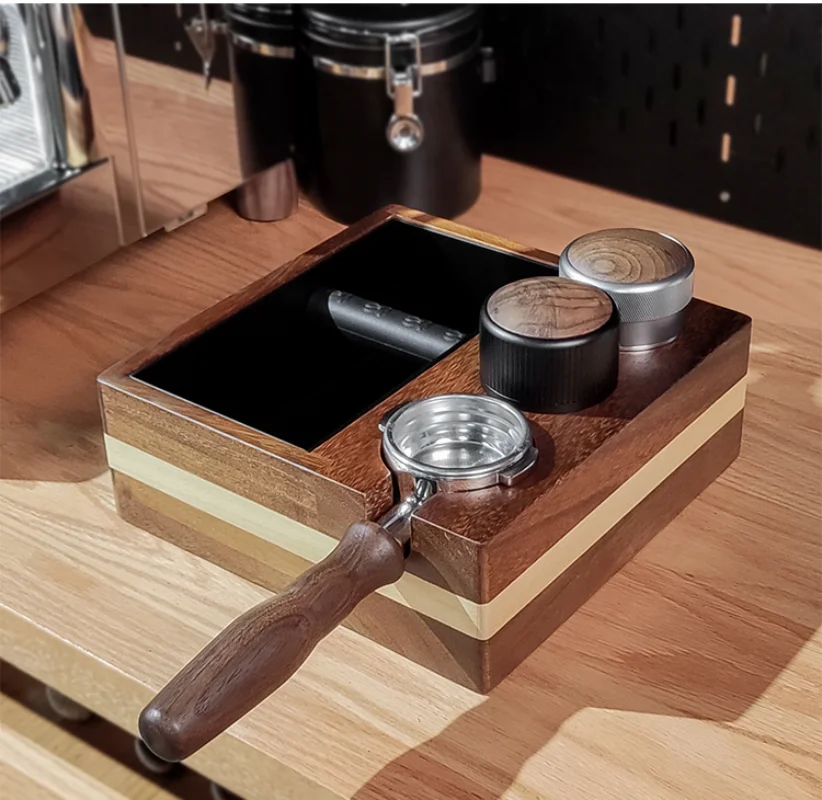 

4-in-1 Coffee Knocking Grounds Box Espresso Machine Handle Holder Storage Grounds Box Walnut Powder Holder Grounds Bucket