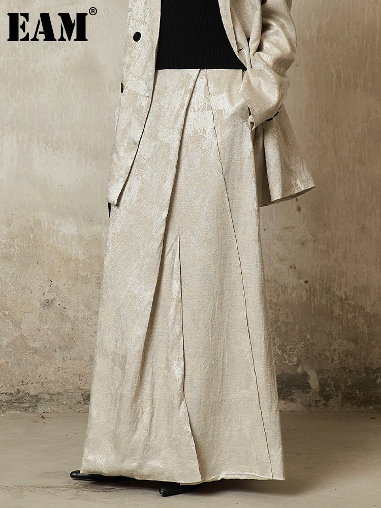 

[EAM] High Waist Apricot Print Splited Slit Loose Fit Full Length Skirt Women Fashion Tide New Spring Autumn 2024 1DH3016