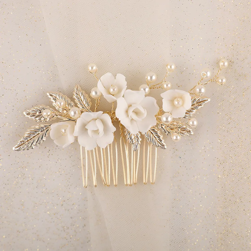 Floralbride Handmade Alloy Leaf Crystal Rhinestone Ceramic Flower Pearls Bridal Hair Comb Wedding Hair Accessories Women Jewelry