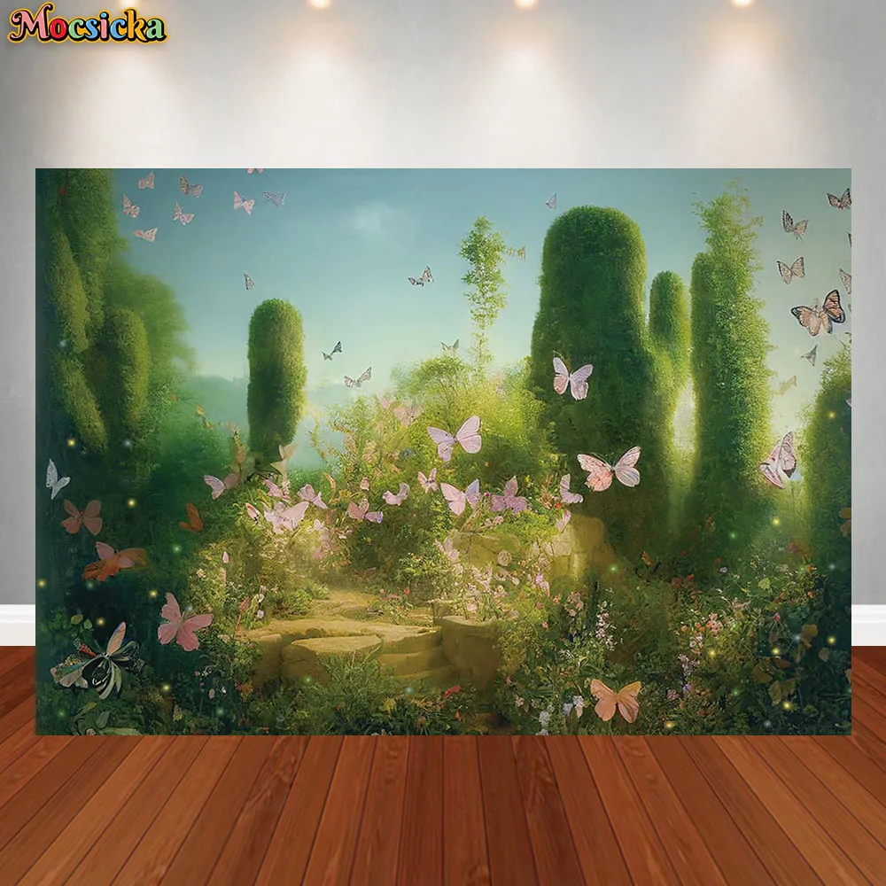 

Mocsicka Spring Castle Floral Sea Forest Scene Photography Backdrop Baby Birthday Party Wonderland Park Background Photo Studio