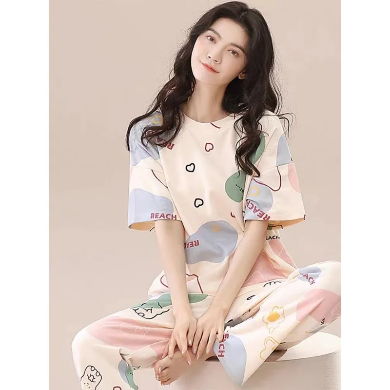 Pyjamas Set for Women‘s Short Sleeve Long Pants Student Casual Cartoon Bear Sweet Cuet Sleepwear Loungewear Romantic Nightwear 1