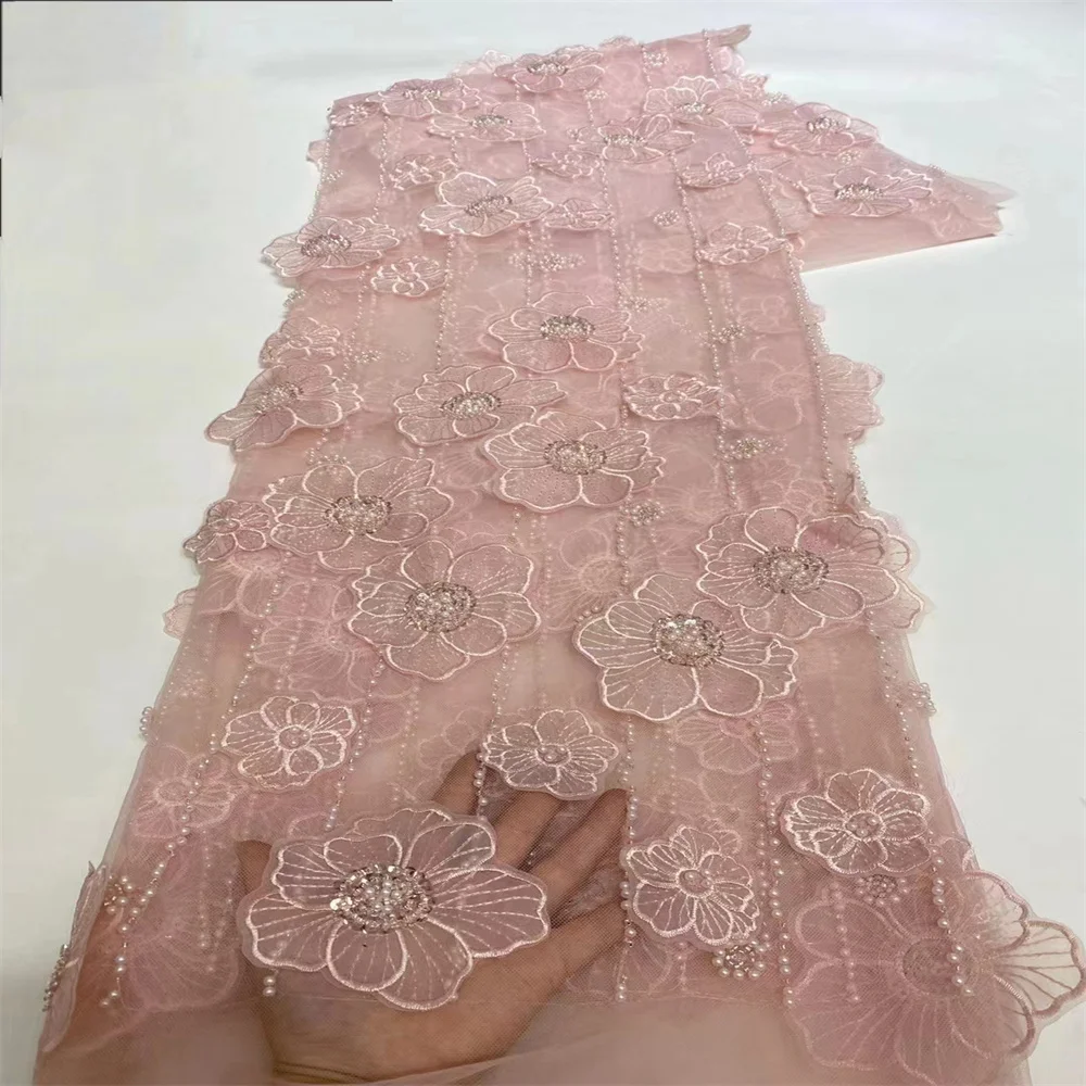 

3D African Lace Sequins Tulle Lace Fabric 2024 High Quality French Luxury Beaded Lace Fabric For Bridal Wedding Dress xz-425