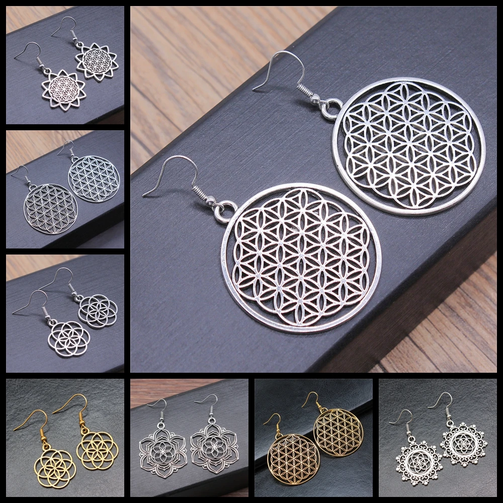 Pendientes de la flor de la vida tallados redondos hechos a mano para mujer, joyería de declaración única, venta al por mayor, moda