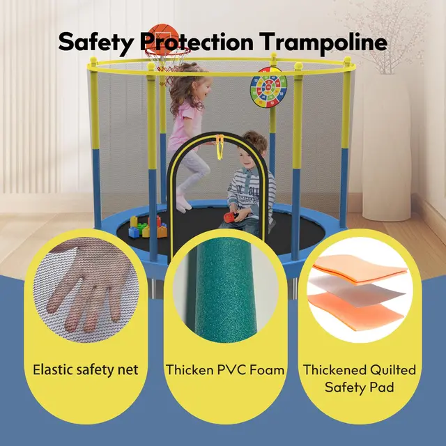 60" Trampoline for Kids with Net, 5FT Indoor & Outdoor Small Toddler Trampoline with Basketball Hoop & Dart Board for Ages 1-8, Birthday Gifts for Boys & Girls, Baby Toddler Christmas Toys