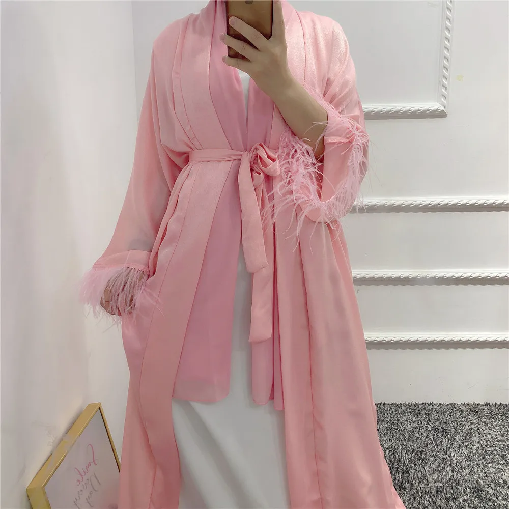 

Kimono Cardigan Dubai Turkey Kaftan Feather Belted Open Front Abaya Women Muslim Maxi Dress Eid Ramadan Jalabiya Islamic Abayas