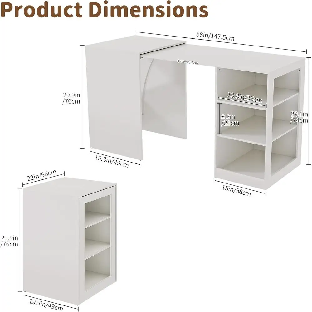 White 58-inch Office Desk with Pull-Out Table on Hidden Wheels, Featuring 3-Tier Open Shelves, Folding and Standing Desk Functio