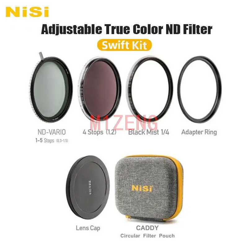 1-9stops swift True Color nd varid 1-5stops+nd16+1/4 black mist+adapter+cap+caddy pouch for 67 72 77 82 95 camera lens filter