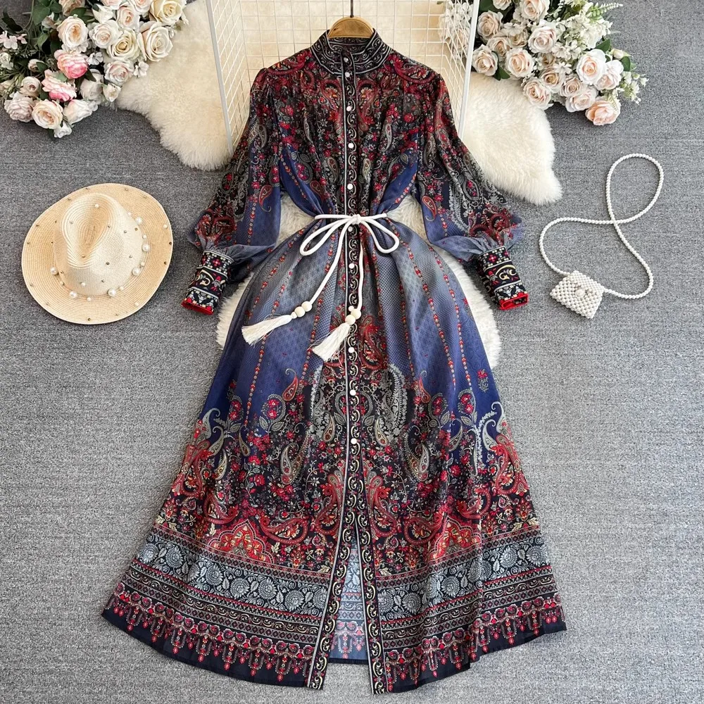 

Fashion Runway Summer Flowy Long Chiffon Dress Women's Stand Collar Lantern Sleeve Flower Print Bohemia Vacation Dress A2343