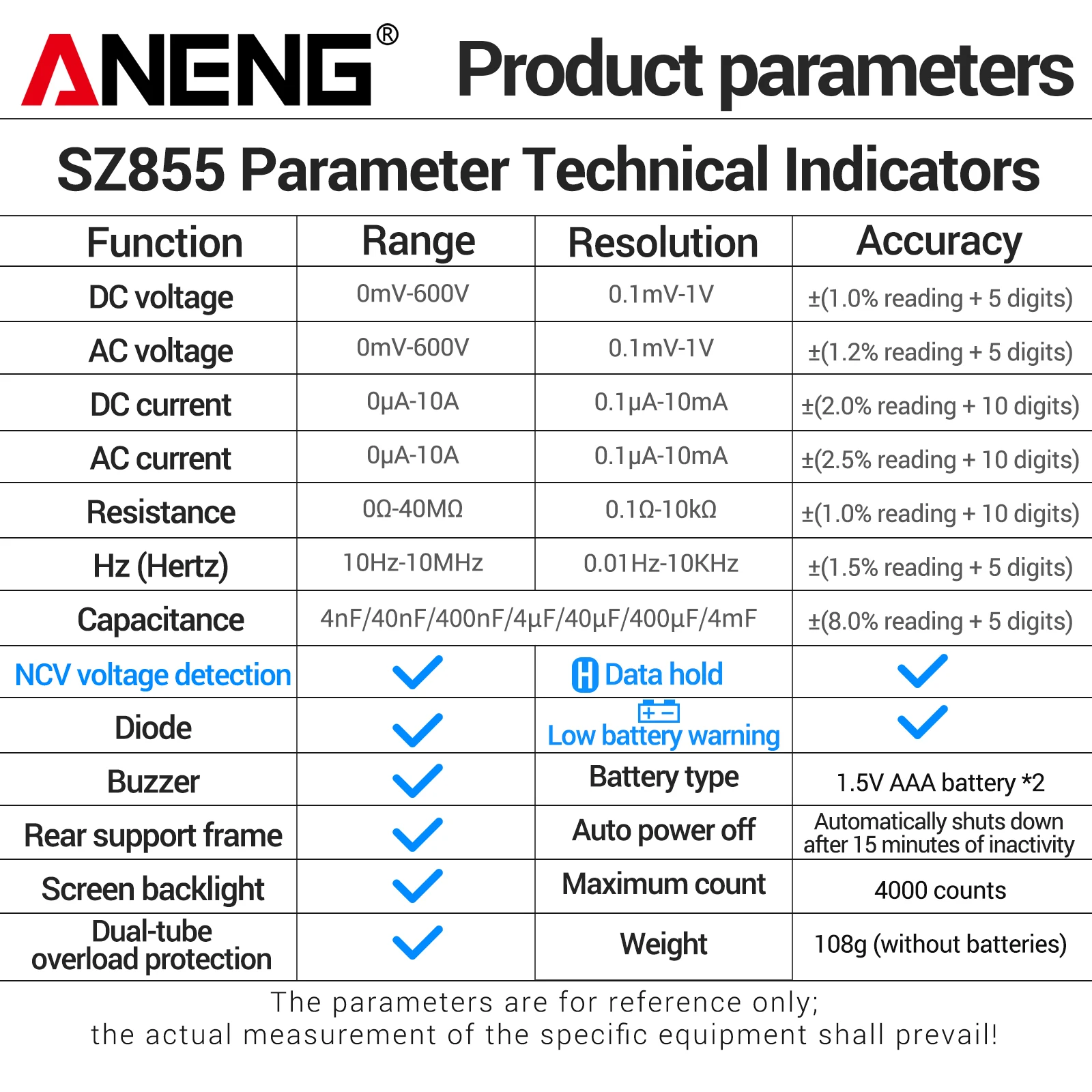ANENG SZ855 디지털 멀티미터 4000워드 카운팅 NCV 비접촉식 AC/DC 전압 전류 저항 커패시터 주파수 테스터
