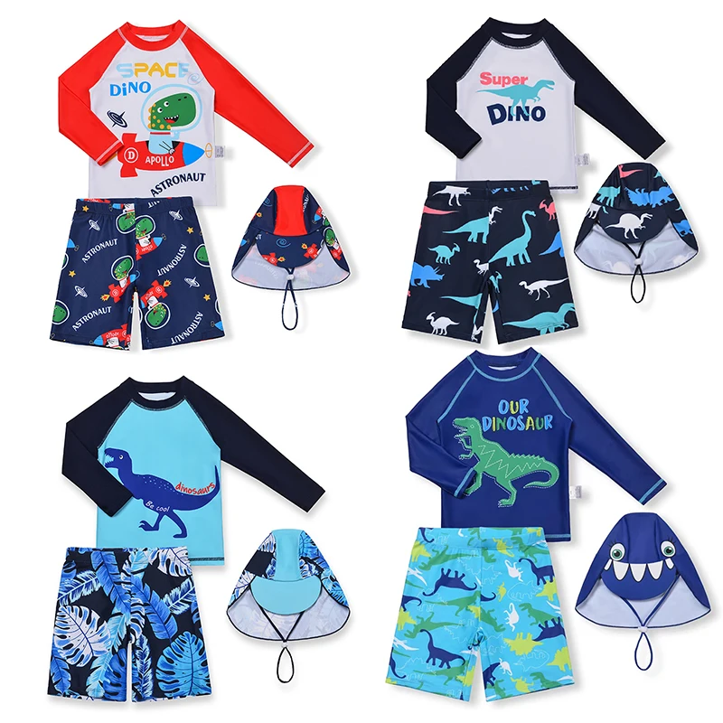 Boy Swimsuit Sun Protection UPF 50+ Long Sleeve Swimming Sunsuit With Hat Split Cartoon Dinosaur Bathing Suits 3 Pcs boys swimwear