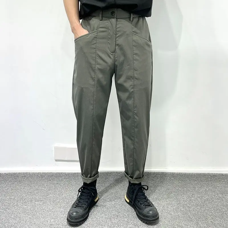 2024 Summer Simple Harajuku Style Men's Solid Color Elastic Zipper Pocket Ice Silk Thin Versatile Casual Workwear Haren Pants