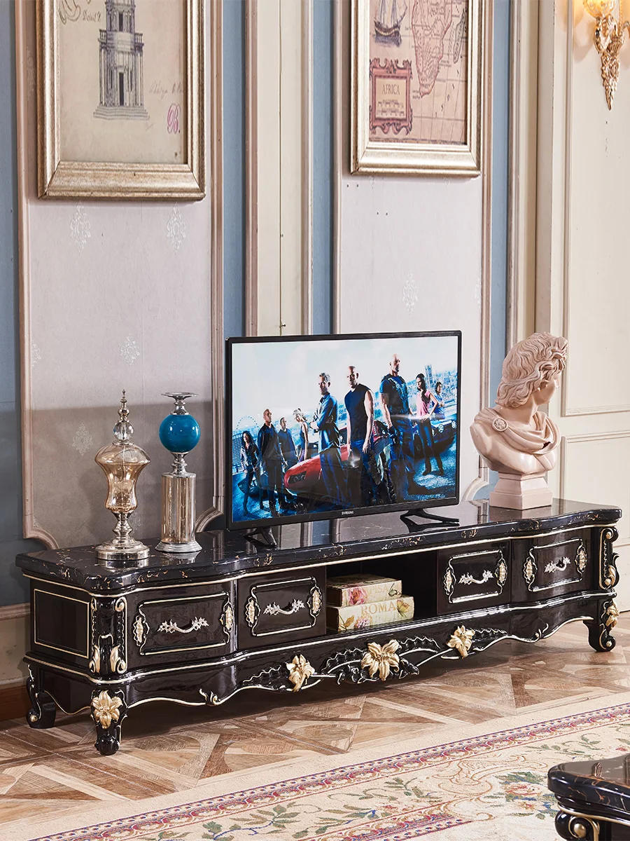 

European style all solid wood TV cabinet, tea table combination, neoclassical ebony color small unit living room