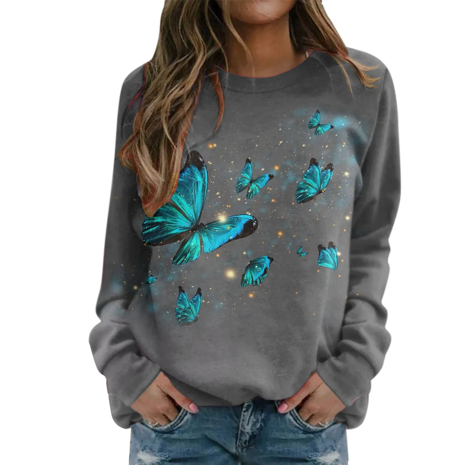 Women Pullover Y2k Sweatshirt Pinup Butterfly Printed Round Neck Long Sleeve Hoodies Autumn Loose Soft Fashion Tracksuit Tops