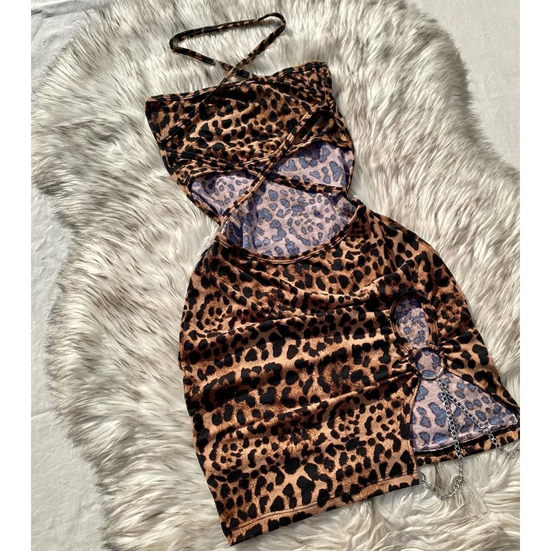 Elegant And Fashionable Women's Sexy Leopard Print Mini Dress Strapless Sleeveless Hollow Bag Hip Sexy Summer Holiday Dress 4