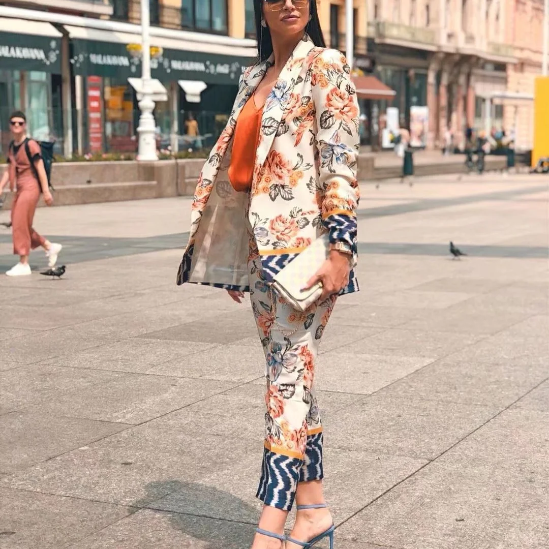 

Woman Vintage Orange Print Patchwork Blazer Suit 2022 Female Elegant Flroal Matching Suits Ladies High Waisted Pencil Pants Set
