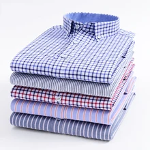 Mens Striped Plaid Oxford Spinning Casual Long Sleeve Shirt Comfortable Breathable Collar Button Design Slim Male Business Dress