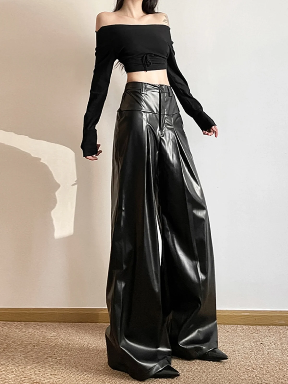 Hot Girl Style Simple Pu Leather Wide-Leg Pants 2024 Spring New Ins Fashion Women's Loose Black High Waist All-Matching Trousers