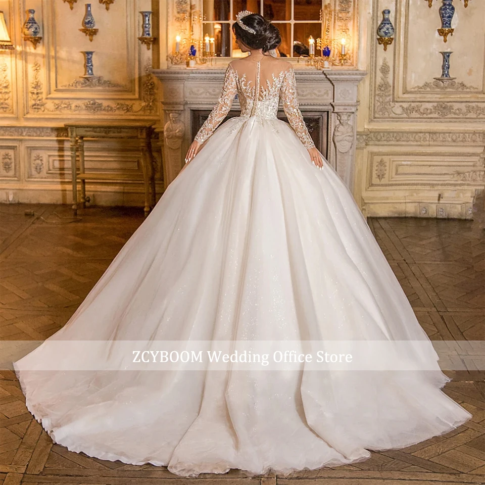 Luxuriöses Brautkleid mit Perlenstickerei und Spitze, langen Ärmeln, Ballkleid-Schnitt, Illusionsausschnitt, Hofschleppe, Brautkleid 2026, Vestido De Noiva – Detail 4