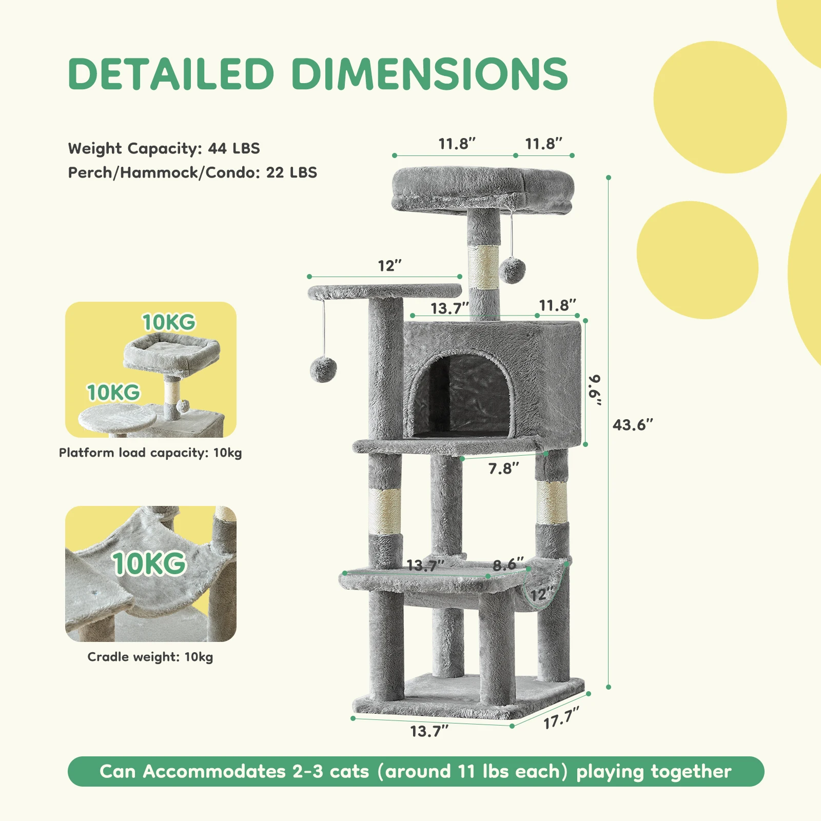 JHK 44in Tall Multi-Cat Climbing Cat Tree Tower for Pet Furniture Natural Sisal Scratching Posts Stable Pet House for Indoor Cat 2