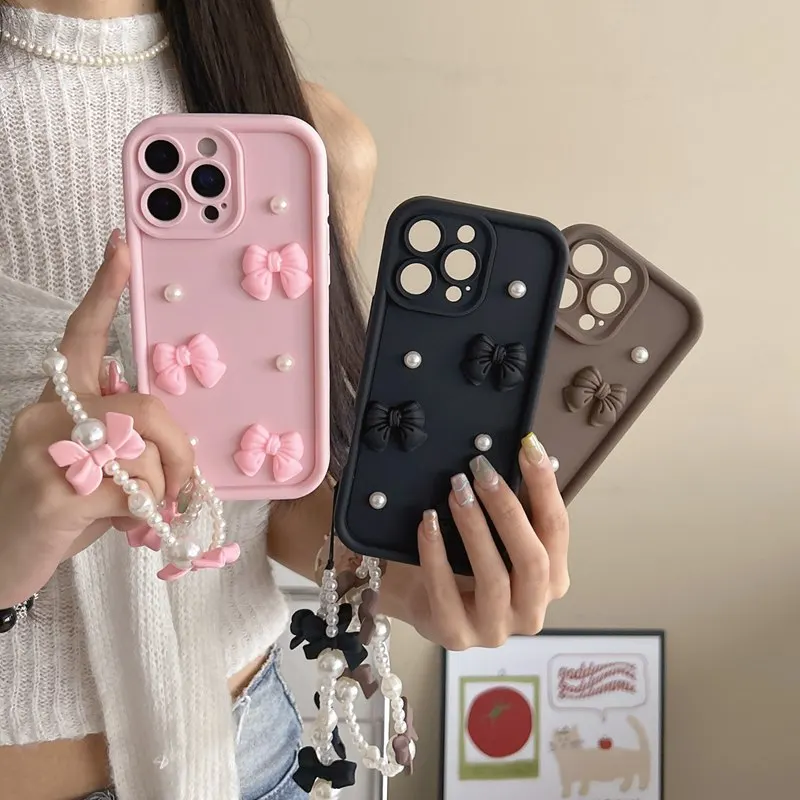 Elegant Bow Tie Pearl Chain Rope Phone Case - Soft Cover