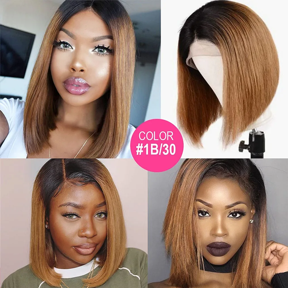 250% Density Highlight Bone Straight Short Bob Wig Ombre 1b/30 Colored 13x6 HD Transparent Lace Front Human Hair Wigs For Women