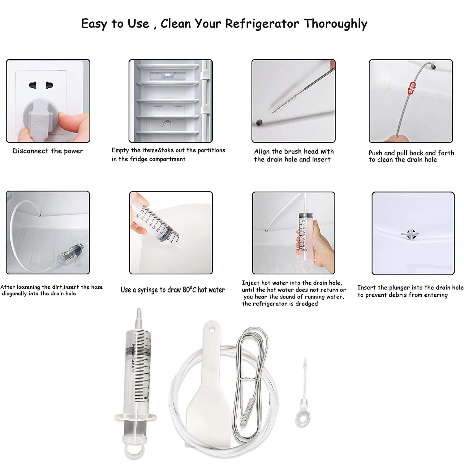 Dissolvant de trous de vidange pour réfrigérateur, outils de dragage de livres, brosse de trou de réfrigérateur, nettoyeur de sortie d'eau pour le nettoyage domestique, 5 pièces par ensemble