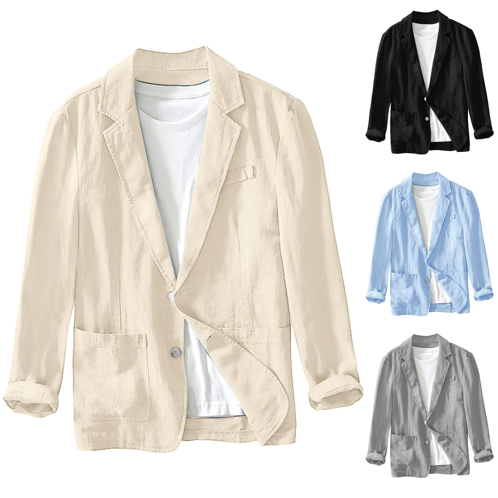 Mens Blazer Spring Autumn Casual Linen and Cotton Safari Suits Solid Color Oversize Coat