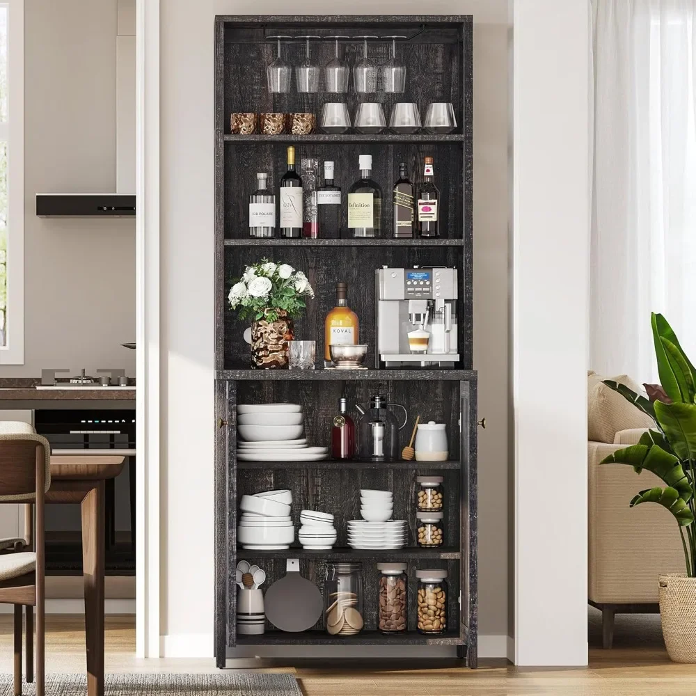 Wine Cabinet, 67" Tall Kitchen Storage Cabinet with Wine Rack, Open Storage Rack, Farmhouse Kitchen Cabinet with Wooden