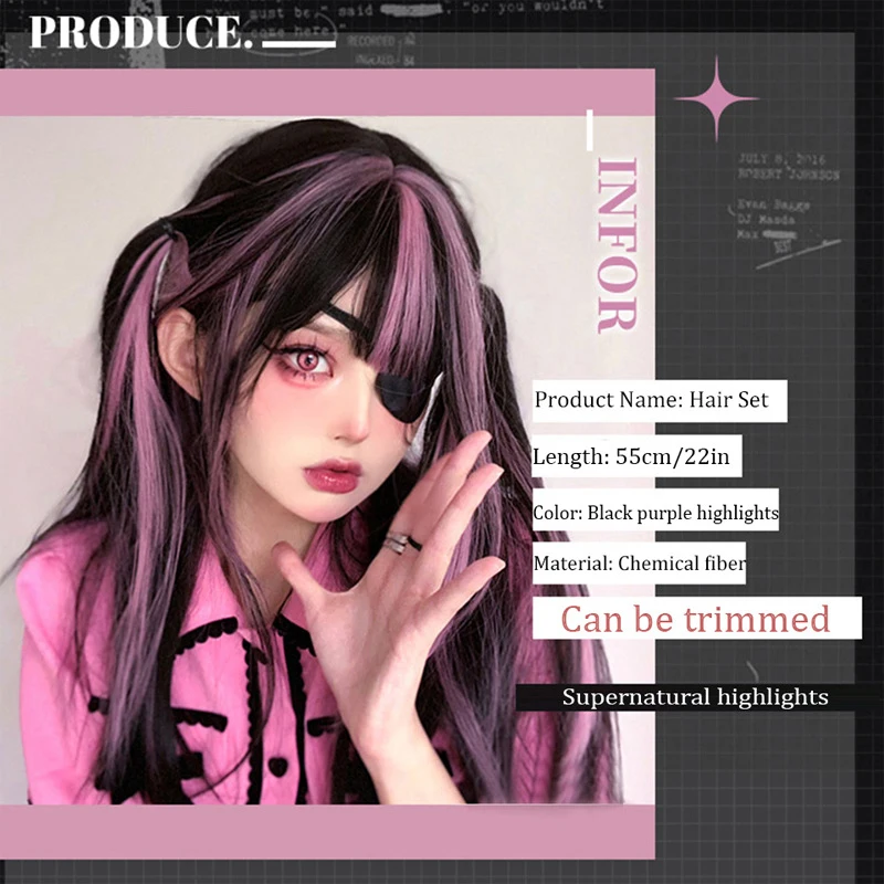 LUPU Women Wigs Cosplay Lolita Wig Natural Black Wig with Pink Highlights with Hair Bangs for Halloween Cosplay Party Wear