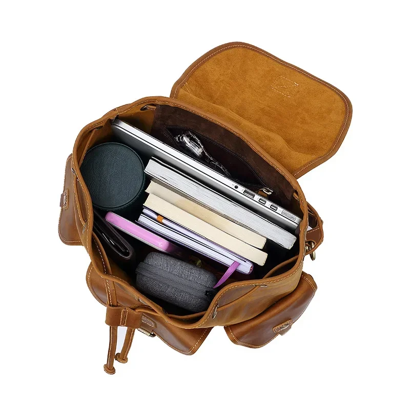 Genuine Leather Men's Backpack Vintage Casual Bag with Large Capacity