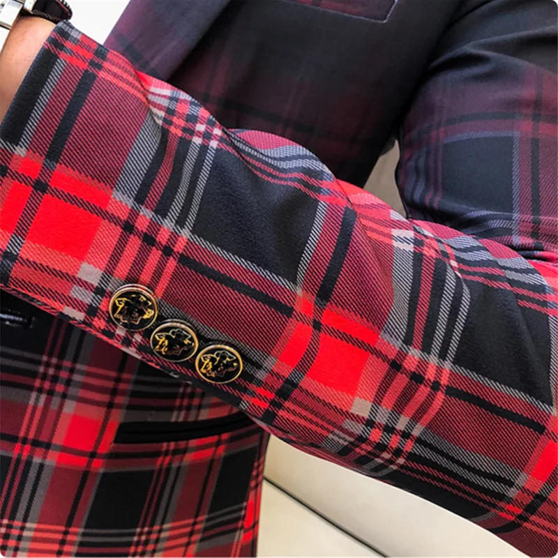 Spring Colorblock Plaid Blazer Men Slim Casual Wedding Business Party Coat M-3XL