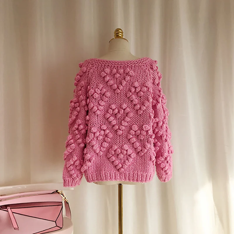 pink sweater 2021 Autumn Winter Women Casual Sweater Hairball Knitted Cardigan O-neck Long Sleeve Pink Cardigan Cute Sweaters cropped sweater