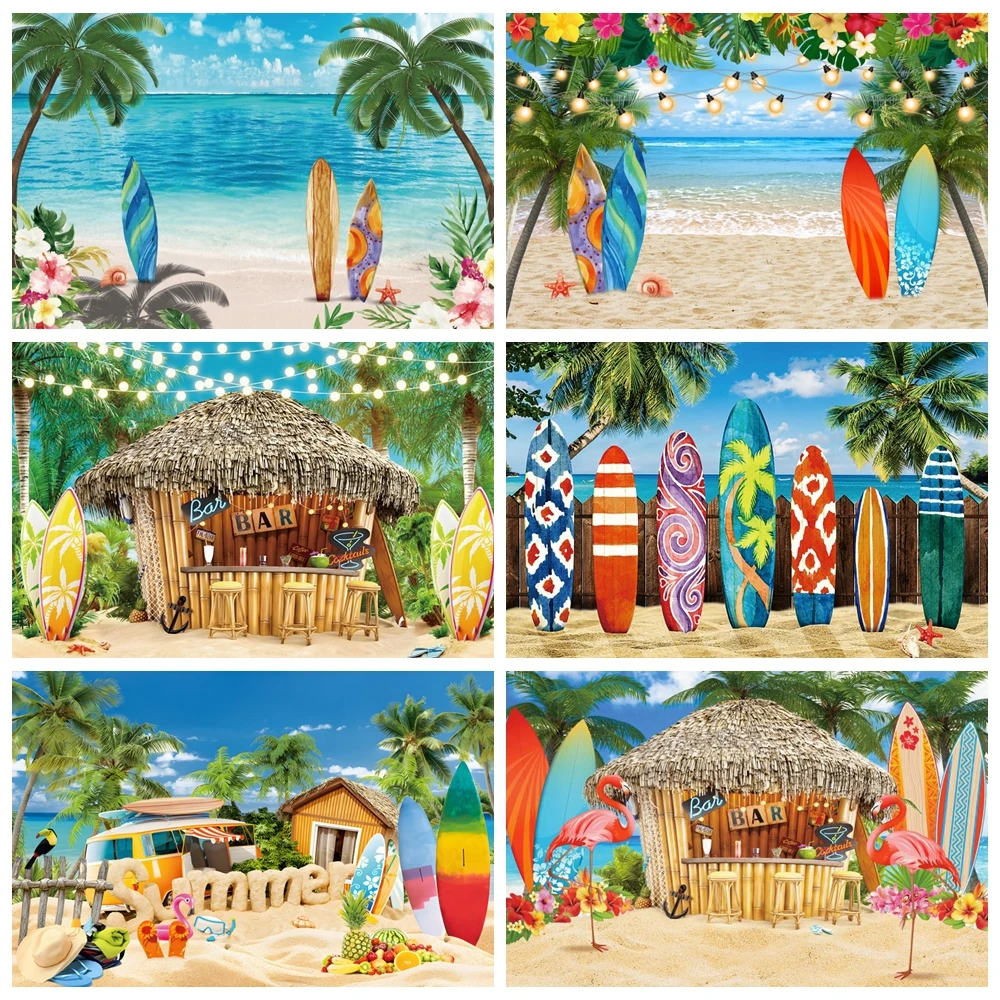 Photo Backdrop Summer Tropical Beach Backdrop Hawaiian Luau Aloha Party Seaside Camping Surfboard Ocean Palm Flamingo Photography Background