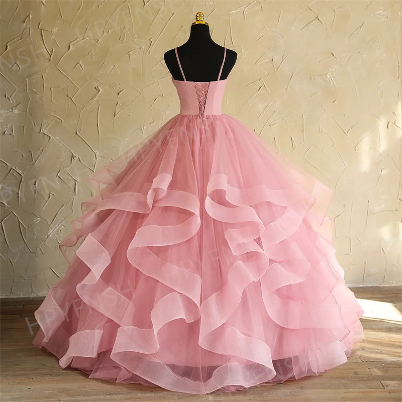 Spaghetti Strap V-neck Pink Quinceanera Dresses Sleeveless Simple Party for Prom Dress Sweet Ball Gown