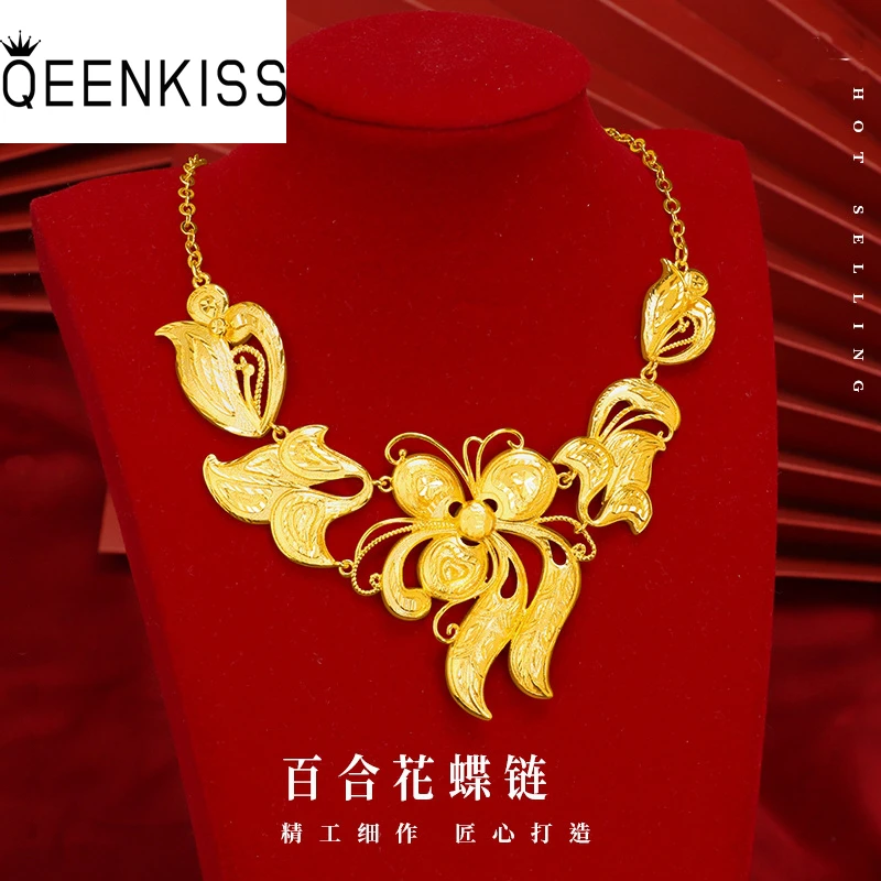 

QEENKISS 24KT Gold Flower Jewelry Set For Women Vintage Necklace+Stud Earring Fine Jewelry Wedding Party Bride Lady Gift JS544