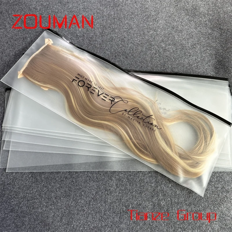Custom , Luxury Customized Print Long Plastic Packaging Bags For Hair Wigs Wholesale New Pvc Hair Extension Bag Logo Ziplock Zip