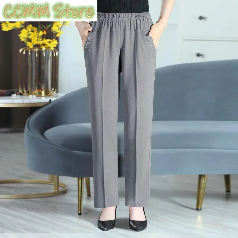New Summer Ice Silk Mid Aged Casual Pants Women's Elastic High Waist Solid Print Pocket Korean Versatile Slim Straight Trousers