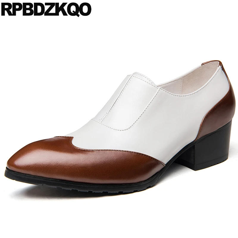 

Low Heel Medium Slip On Men Real Leather Stylish Pointy Toe Oxfords Party Dress Cow Skin Patchwork Multi Colored Shoes Chunky