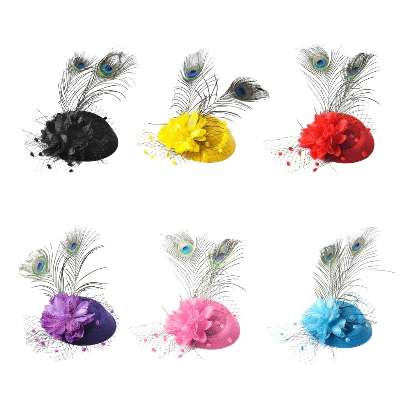 

MXMB Vintage Pillbox Hat with Veil Peacock-feather Fascinator for Wedding Party