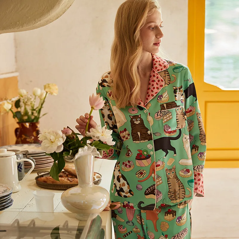 Primavera 2025 Pigiama da donna Set Simpatico gatto Stampa Seta