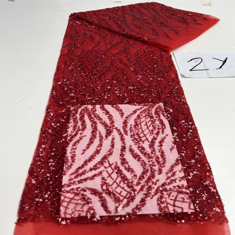 2 Yards Luxury French Mesh Beaded Lace Fabric African Sequins Groom Lace Fabrics for Nigerian Wedding Dress 2025 sequins jacquard lace fabric cotton voile lace fabric brocade lace fabric