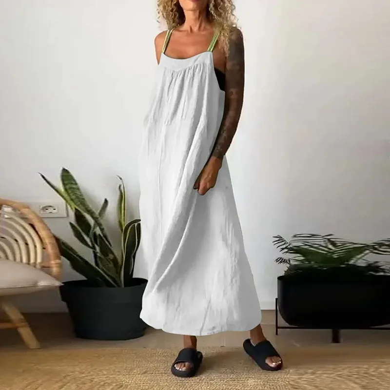 

Streetwear Fashion Cotton And Linen Dress For Women Summer Fashion Sleeveless New Solid Color Casual Loose Waist Commute Dresses