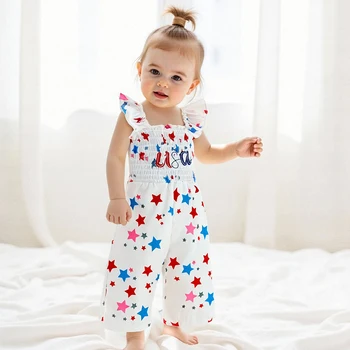 Toddler 4th of July Romper with Star Print and Smocked Pants Girl s Sleeveless Jumpsuit for Summer Celebrations 5