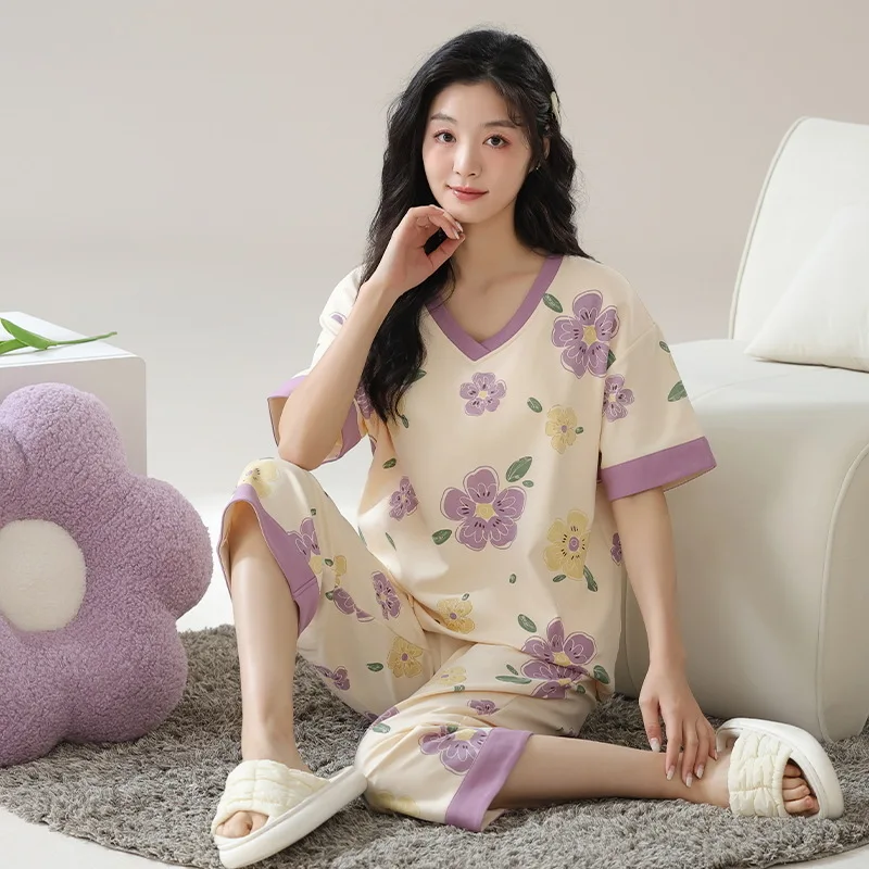 Summer Women's Thin Knitted Cotton Pajamas Round Neck Short Sleeve Capris Girls Loose Casual Sweet Printed Home Clothing Set